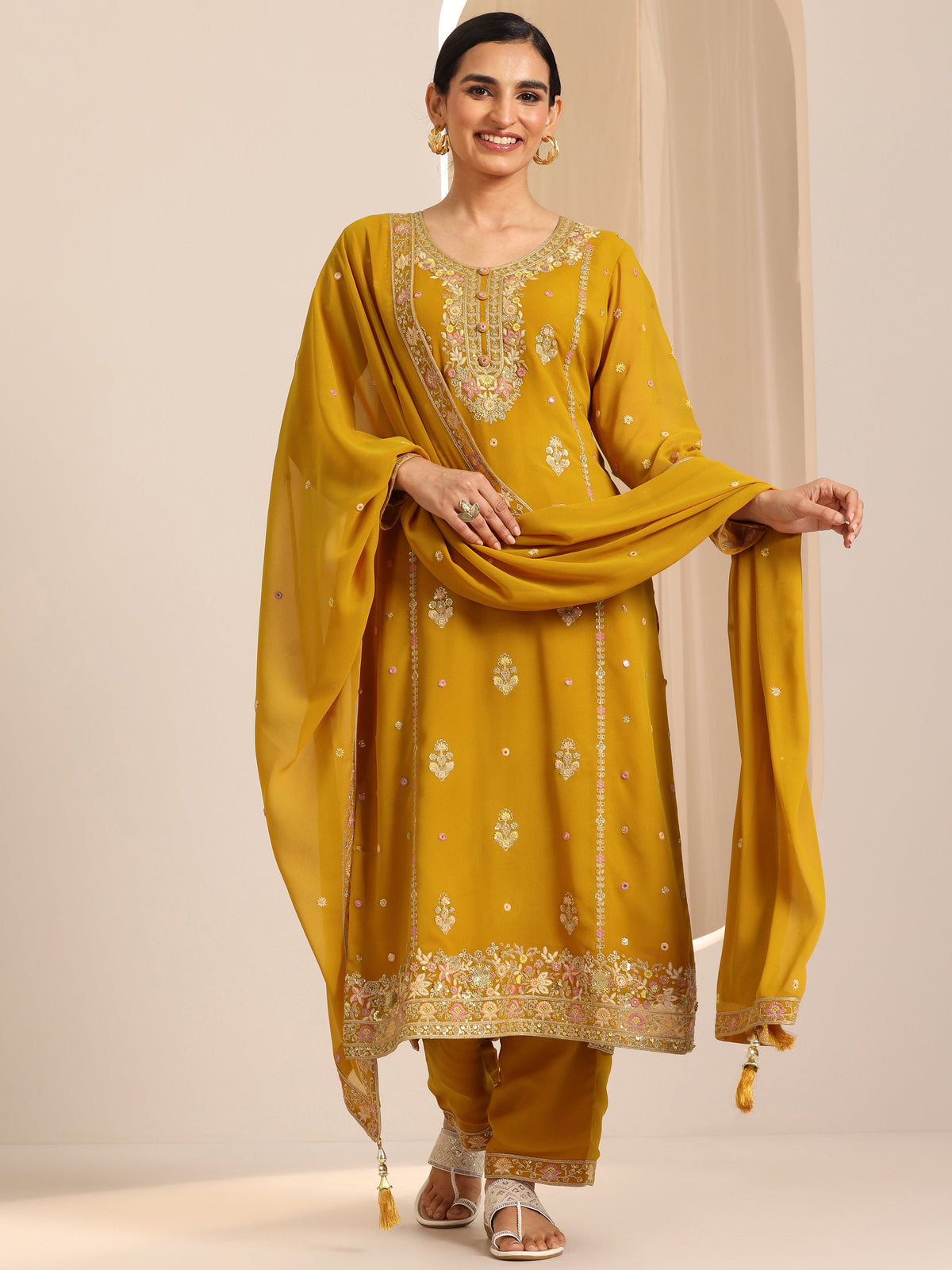 Libas Mustard Embroidered Georgette Straight Suit Set With Dupatta