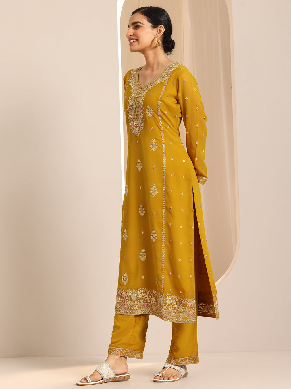 Libas Mustard Embroidered Georgette Straight Suit Set With Dupatta