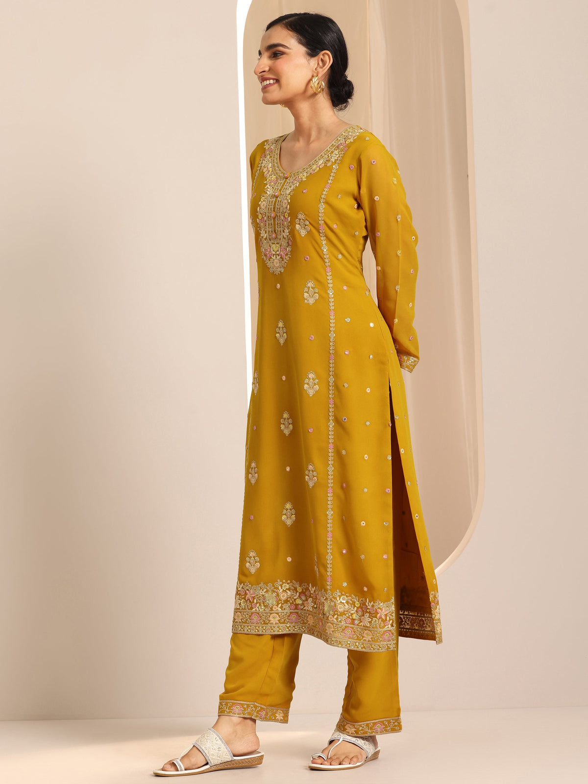 Libas Mustard Embroidered Georgette Straight Suit Set With Dupatta