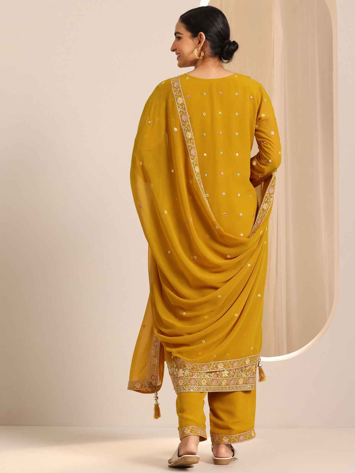 Libas Mustard Embroidered Georgette Straight Suit Set With Dupatta