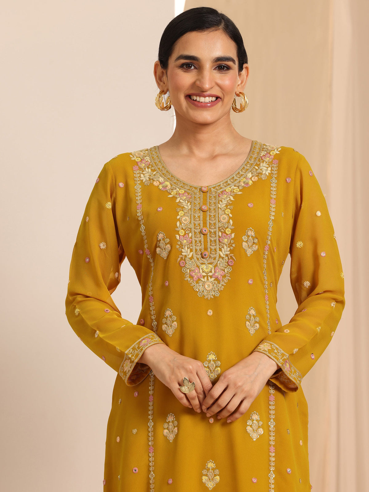 Libas Mustard Embroidered Georgette Straight Suit Set With Dupatta