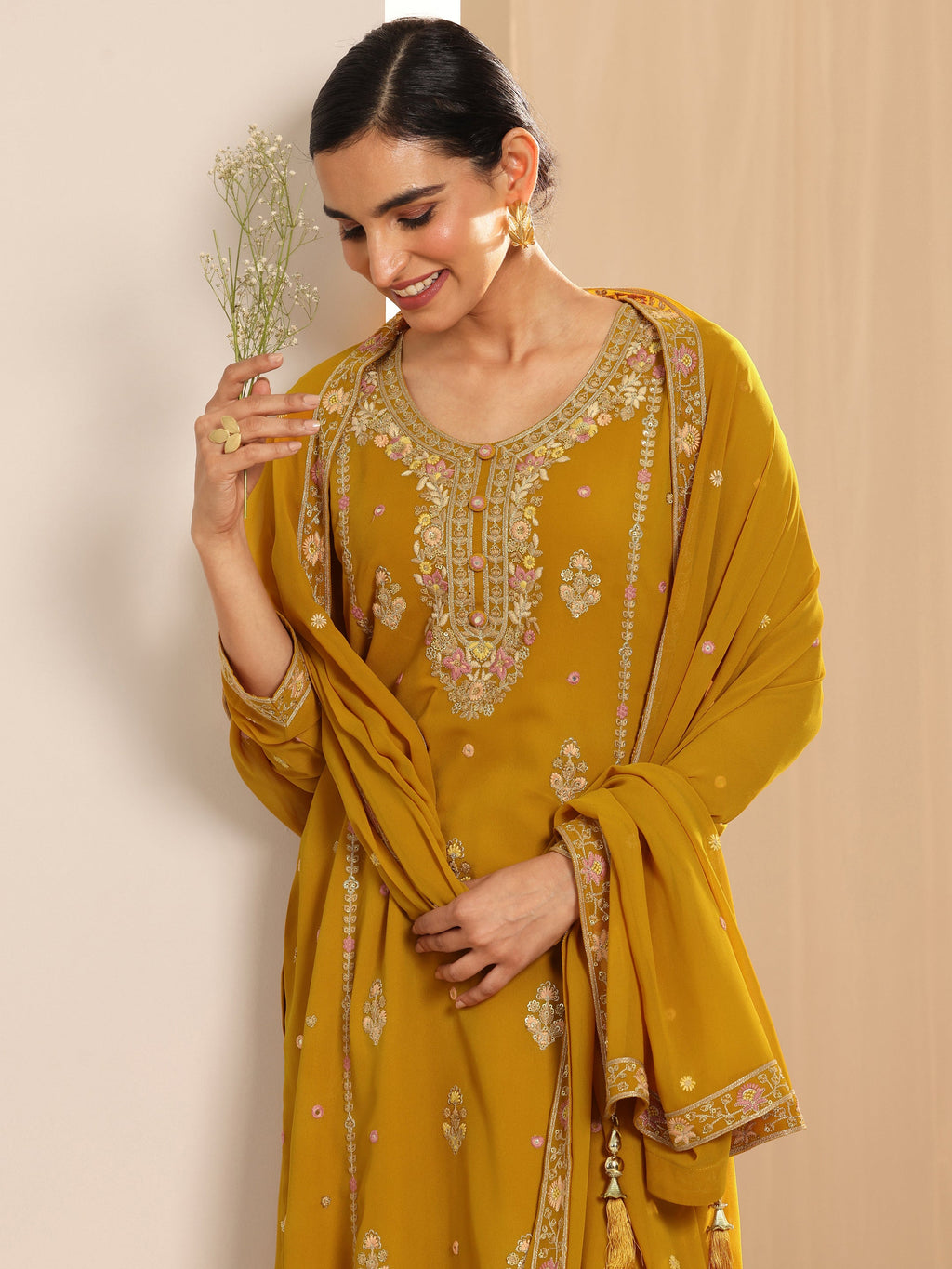 Libas Mustard Embroidered Georgette Straight Suit Set With Dupatta