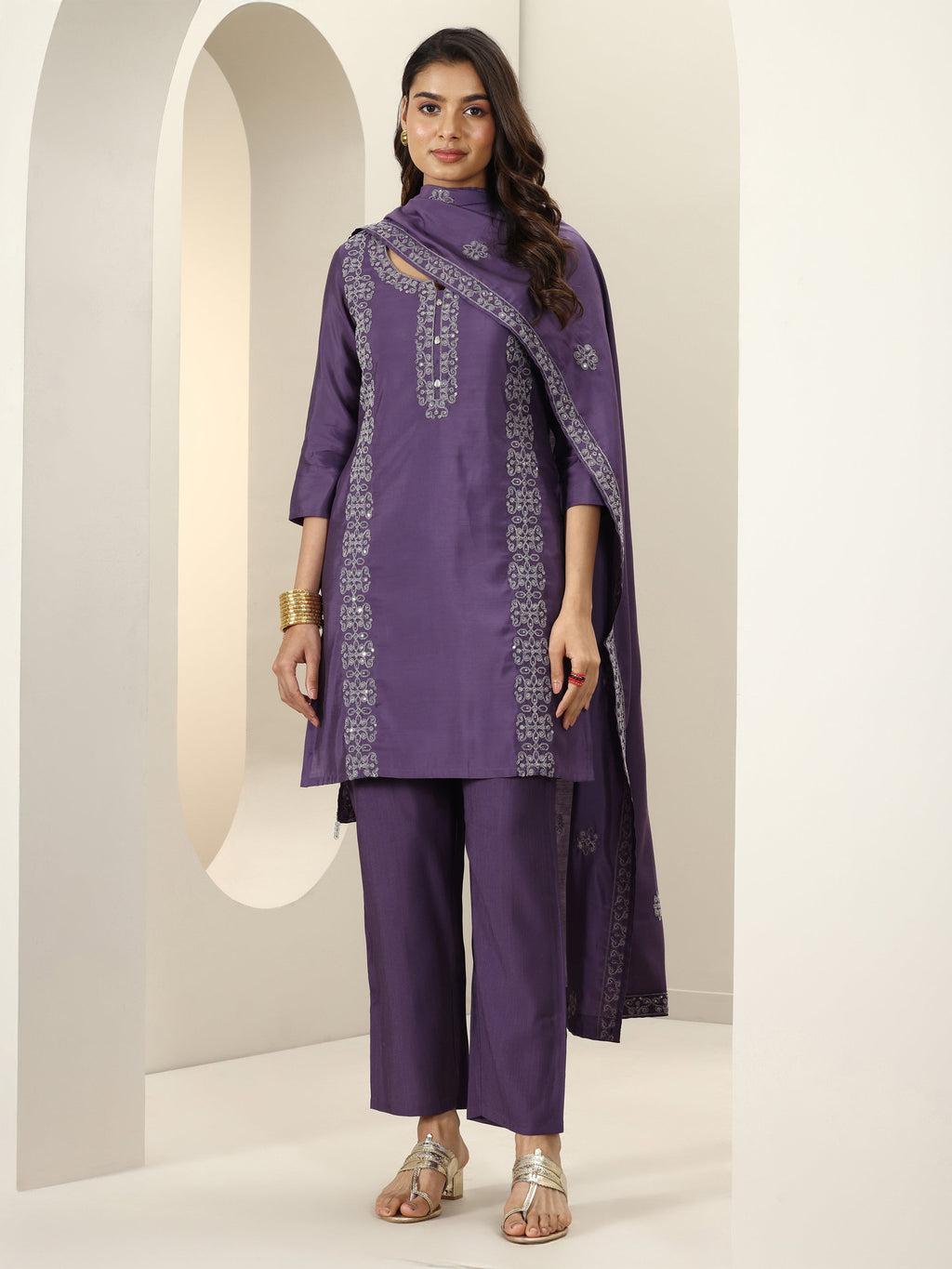 Libas Purple Embroidered Silk Blend Straight Suit Sets With Dupatta