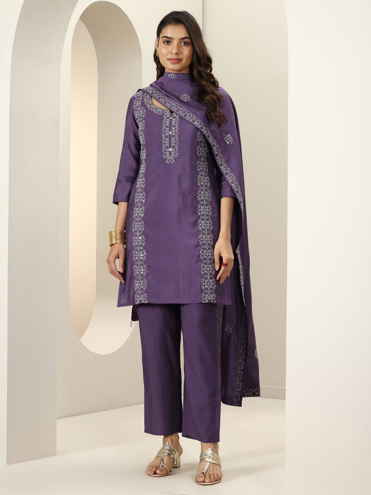 Libas Purple Embroidered Silk Blend Straight Suit Sets With Dupatta