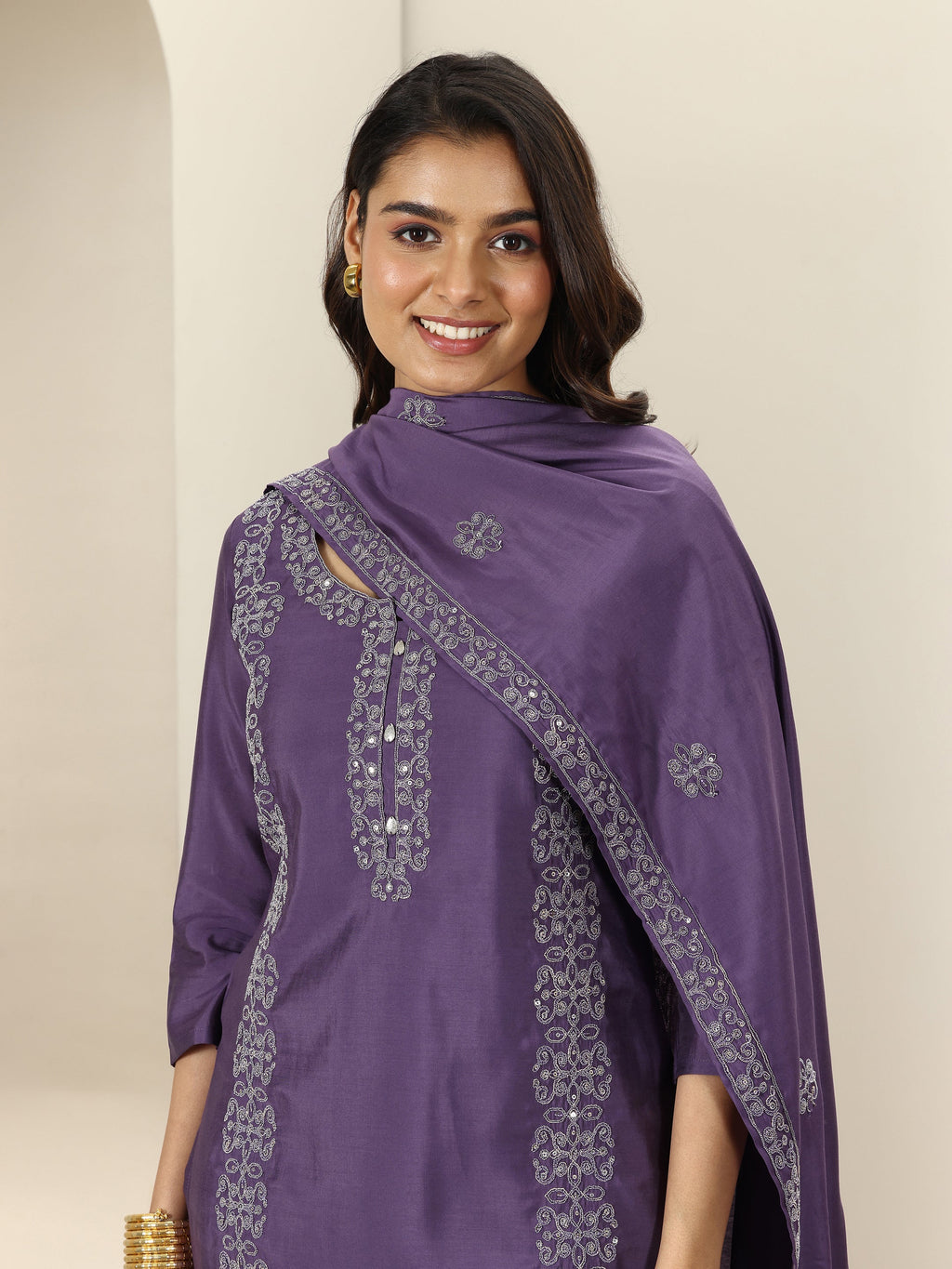 Libas Purple Embroidered Silk Blend Straight Suit Sets With Dupatta