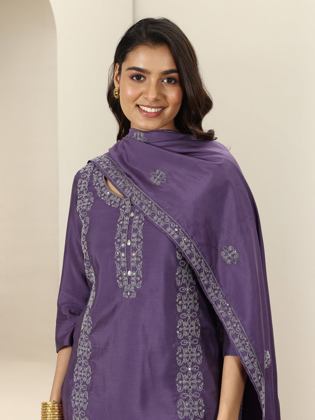 Libas Purple Embroidered Silk Blend Straight Suit Sets With Dupatta