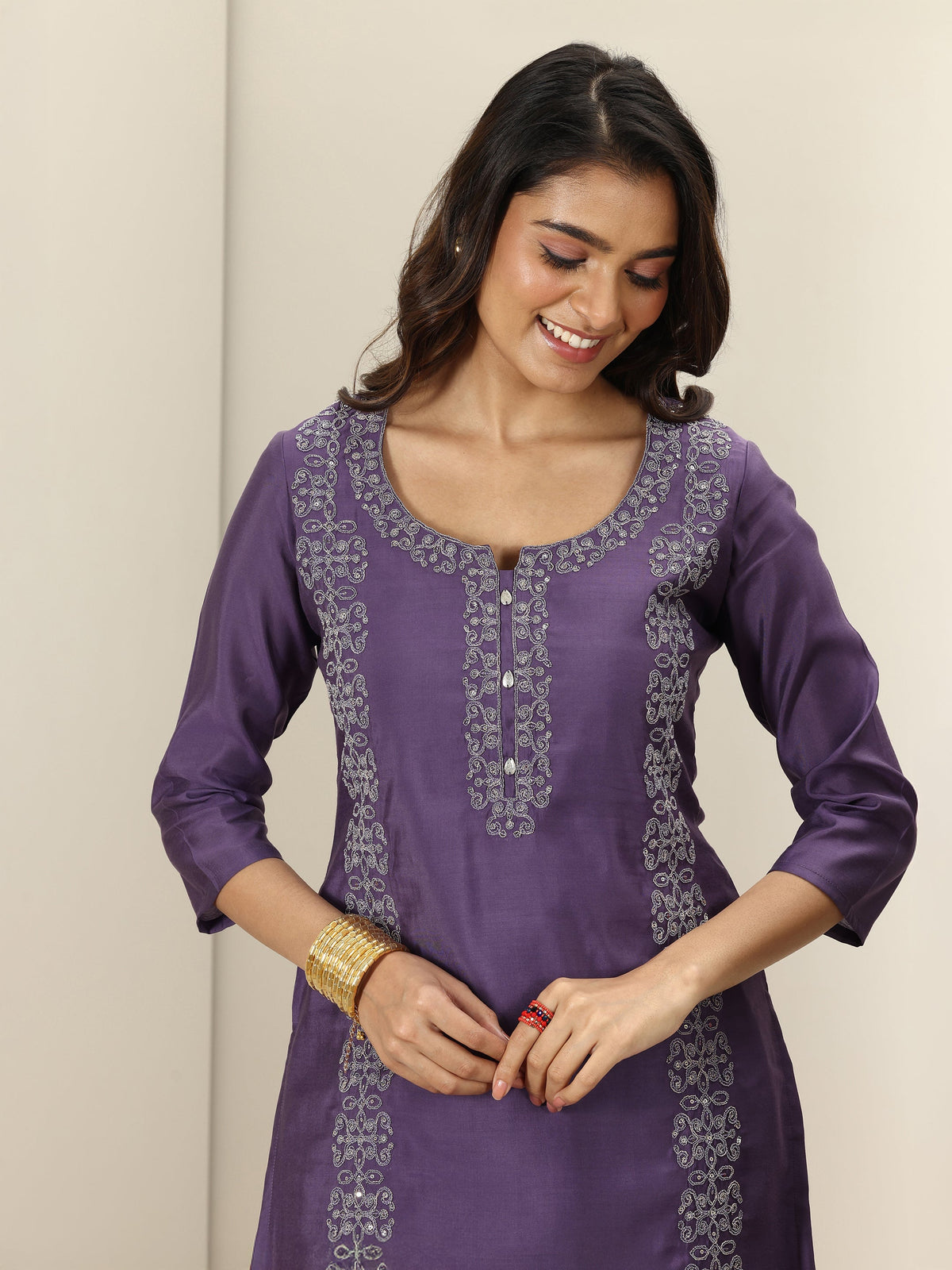 Libas Purple Embroidered Silk Blend Straight Suit Sets With Dupatta
