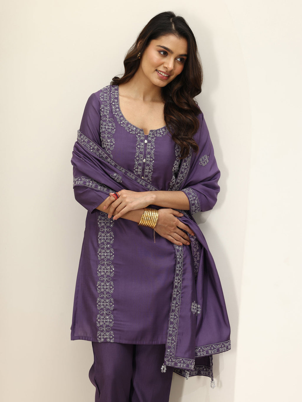 Libas Purple Embroidered Silk Blend Straight Suit Sets With Dupatta