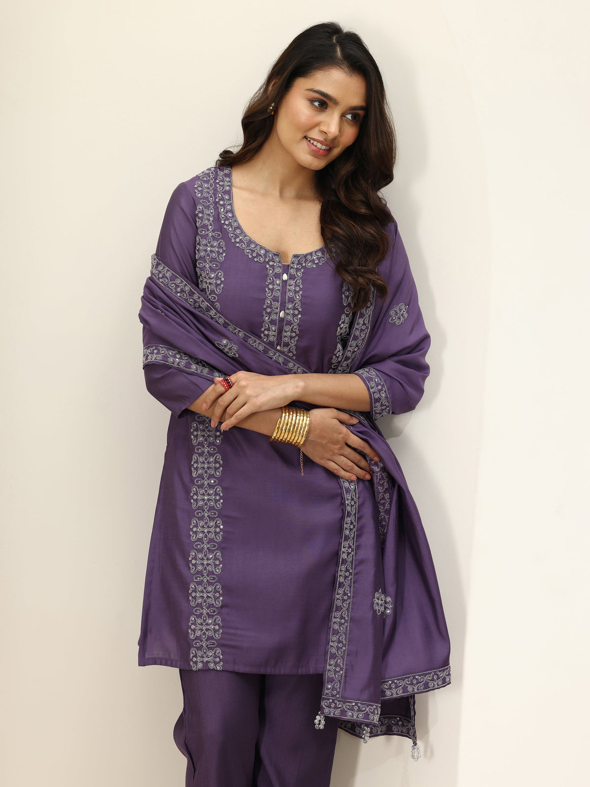 Libas Purple Embroidered Silk Blend Straight Suit Sets With Dupatta