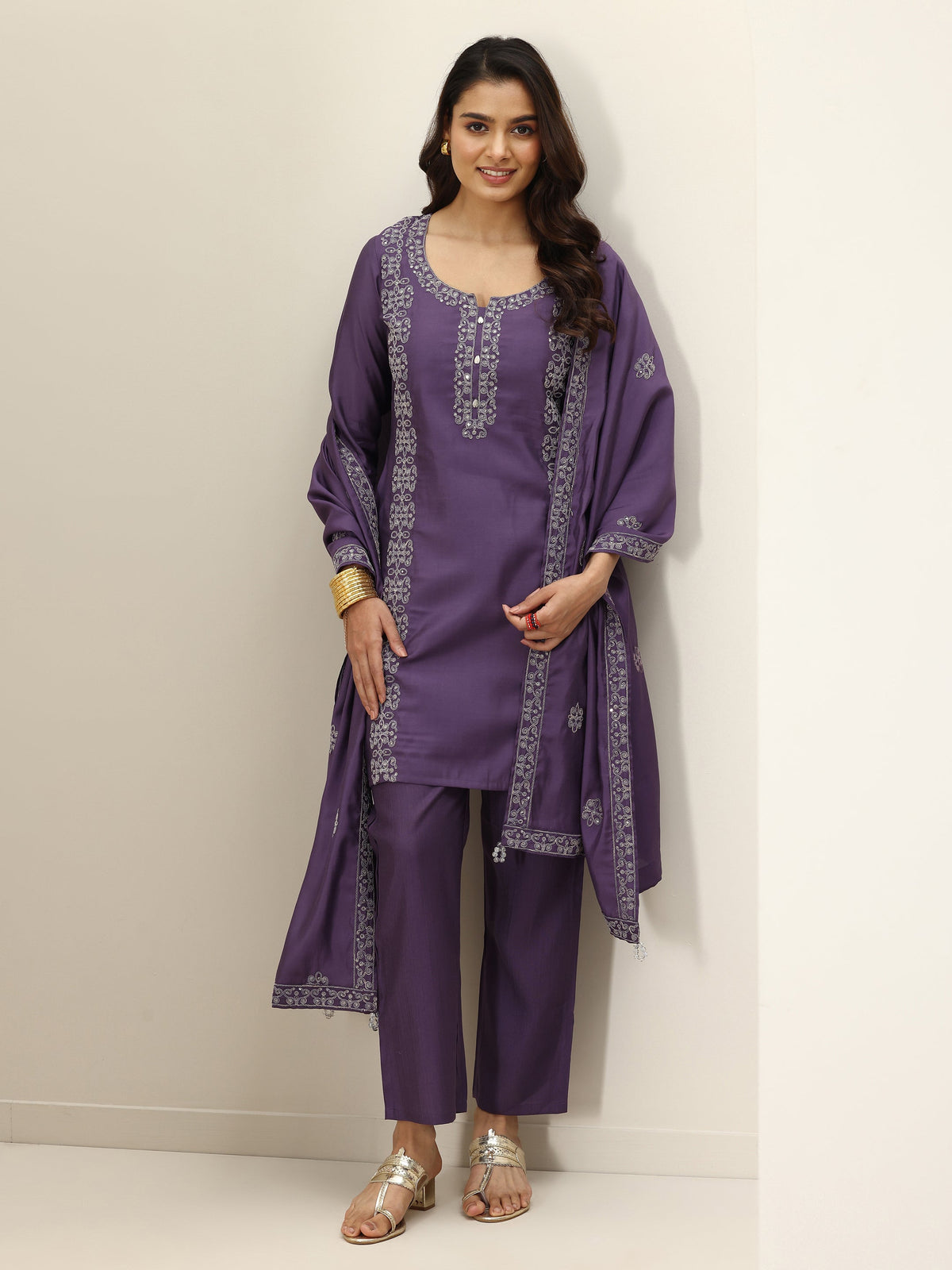 Libas Purple Embroidered Silk Blend Straight Suit Sets With Dupatta