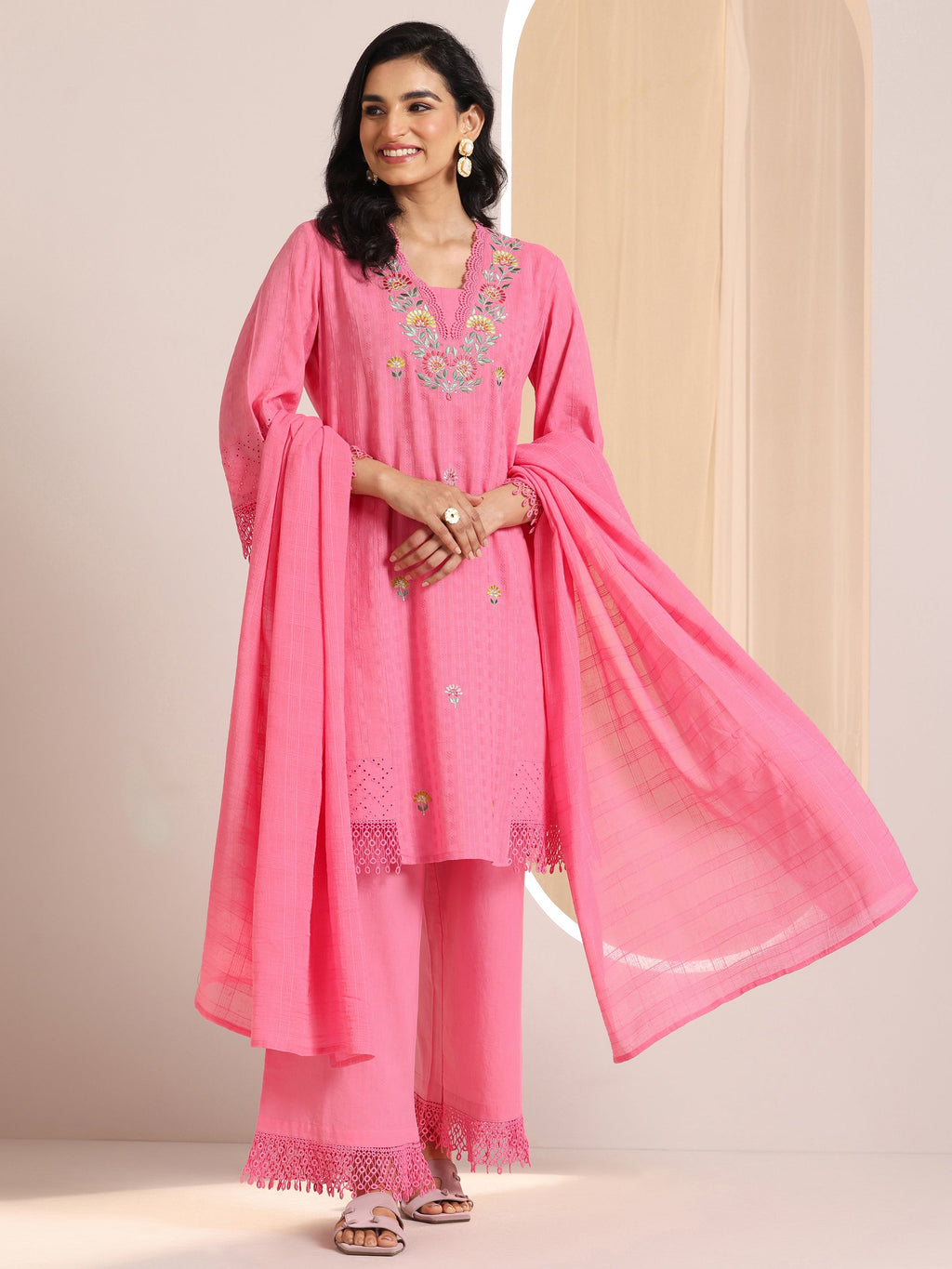 Libas Pink Embroidered Cotton Straight Suit Set With Dupatta