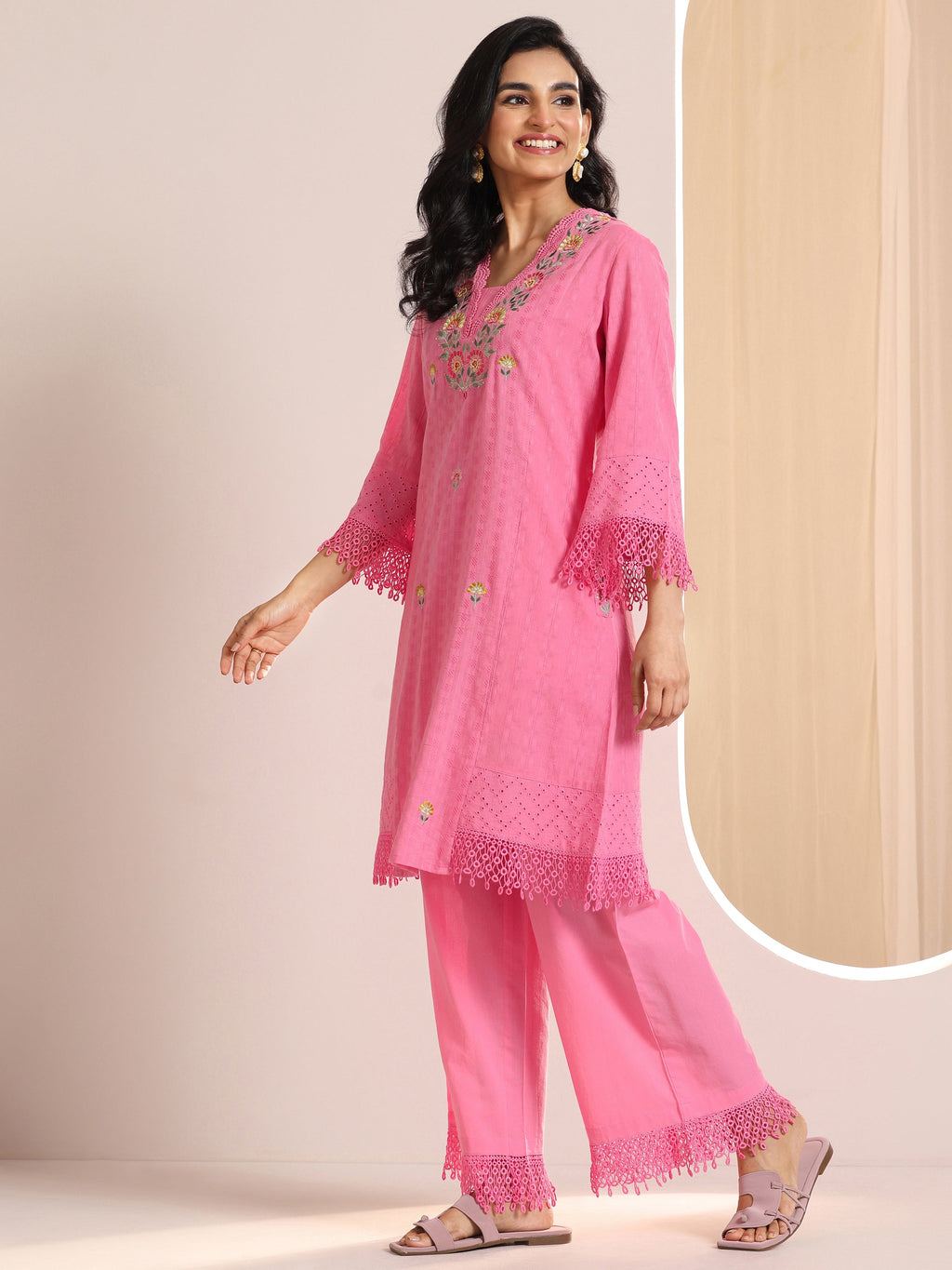 Libas Pink Embroidered Cotton Straight Suit Set With Dupatta