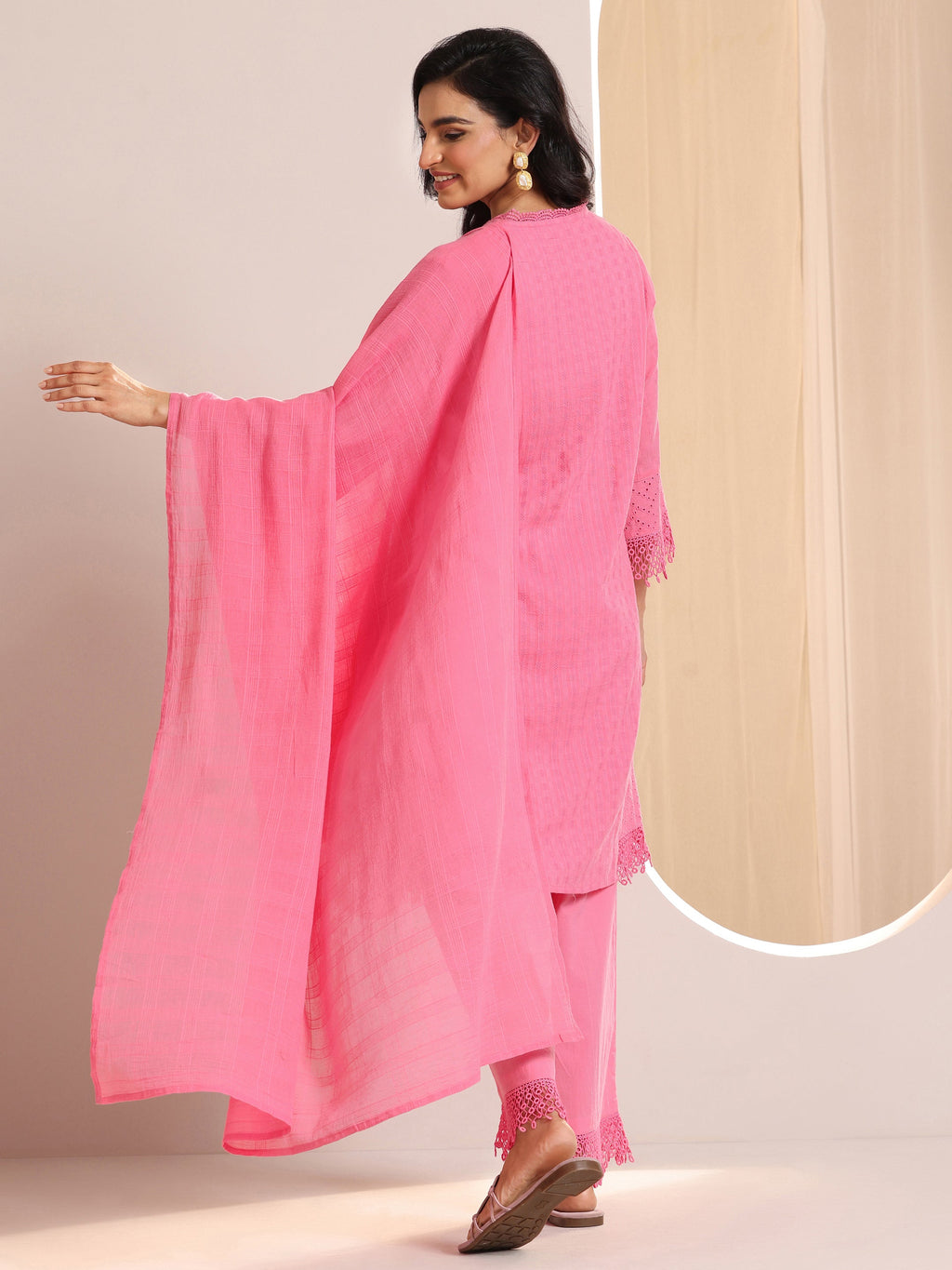 Libas Pink Embroidered Cotton Straight Suit Set With Dupatta