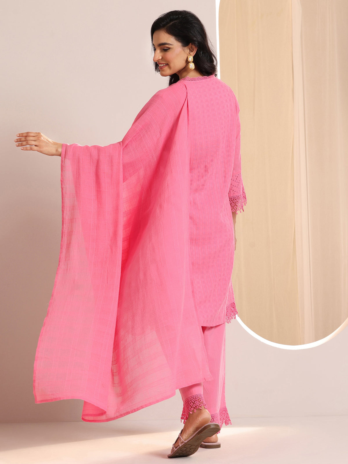 Libas Pink Embroidered Cotton Straight Suit Set With Dupatta