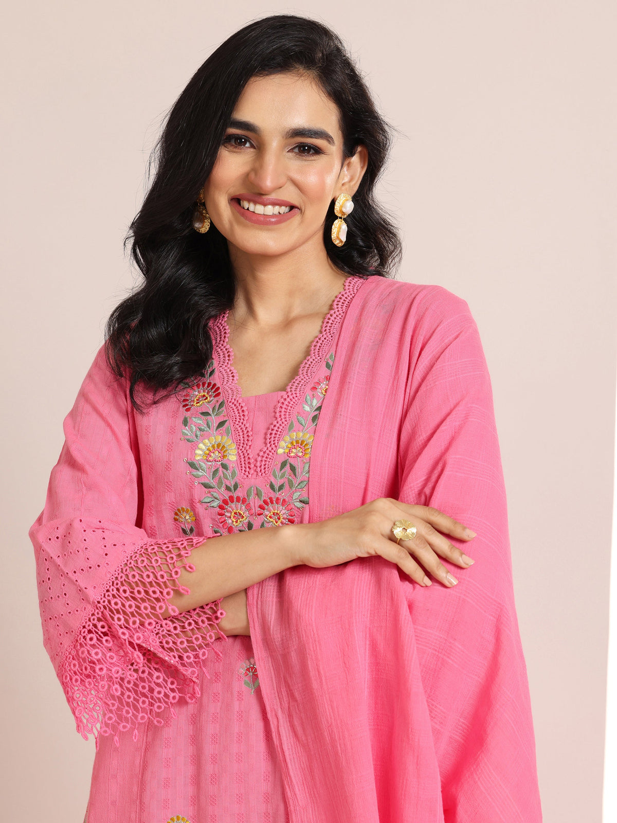 Libas Pink Embroidered Cotton Straight Suit Set With Dupatta