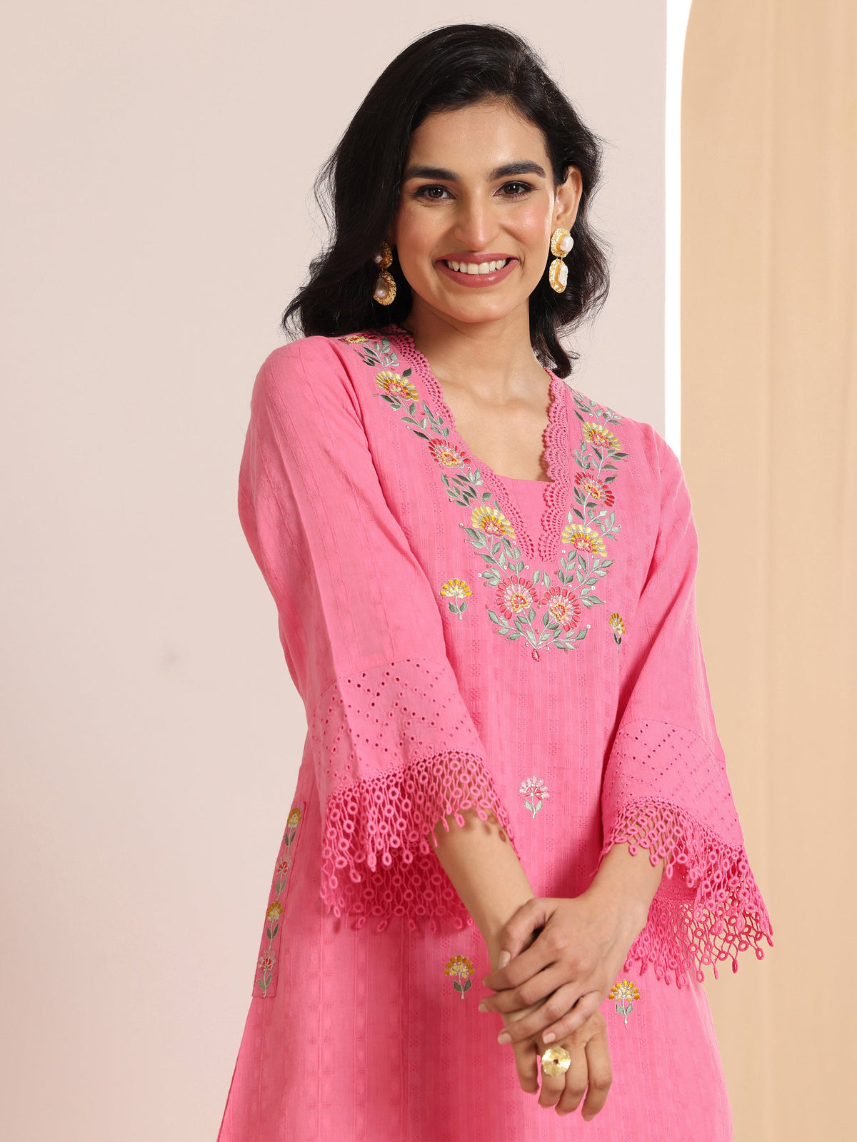 Libas Pink Embroidered Cotton Straight Suit Set With Dupatta