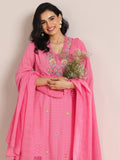 Libas Pink Embroidered Cotton Straight Suit Set With Dupatta