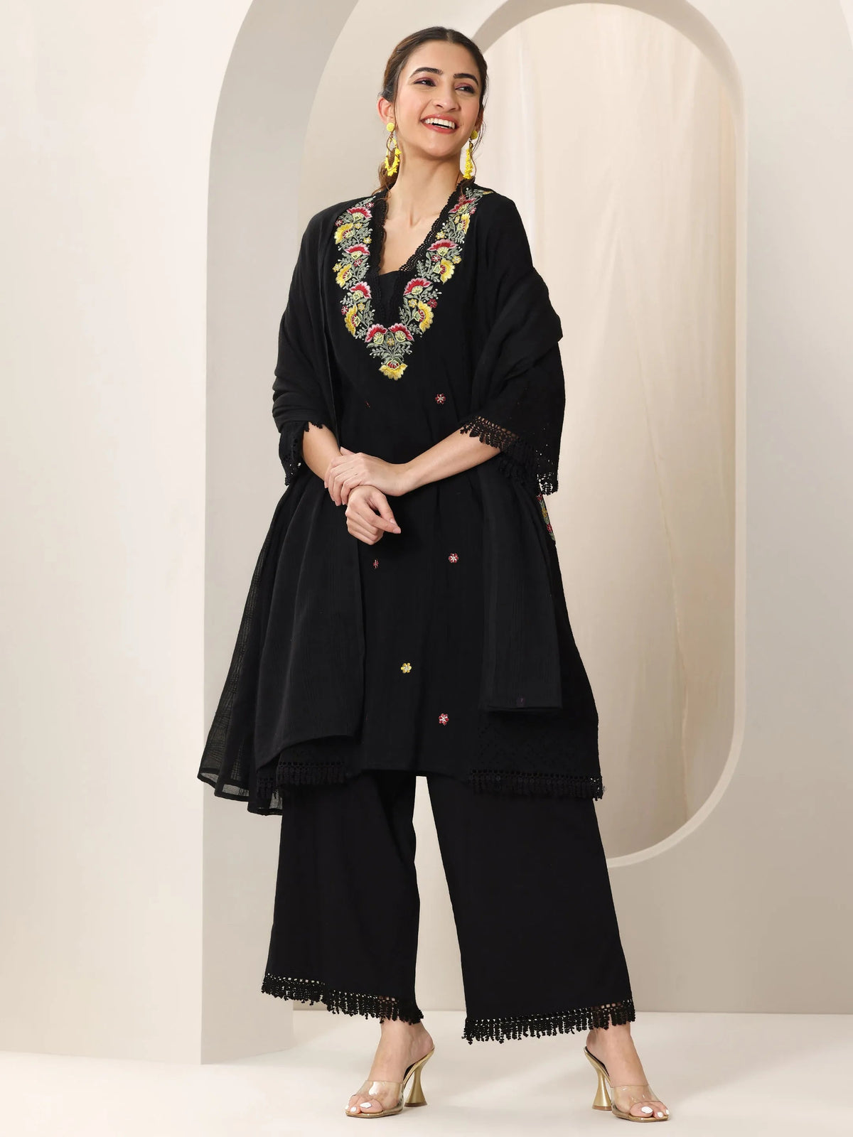 Libas Black Embroidered Cotton Straight Suit Set With Dupatta