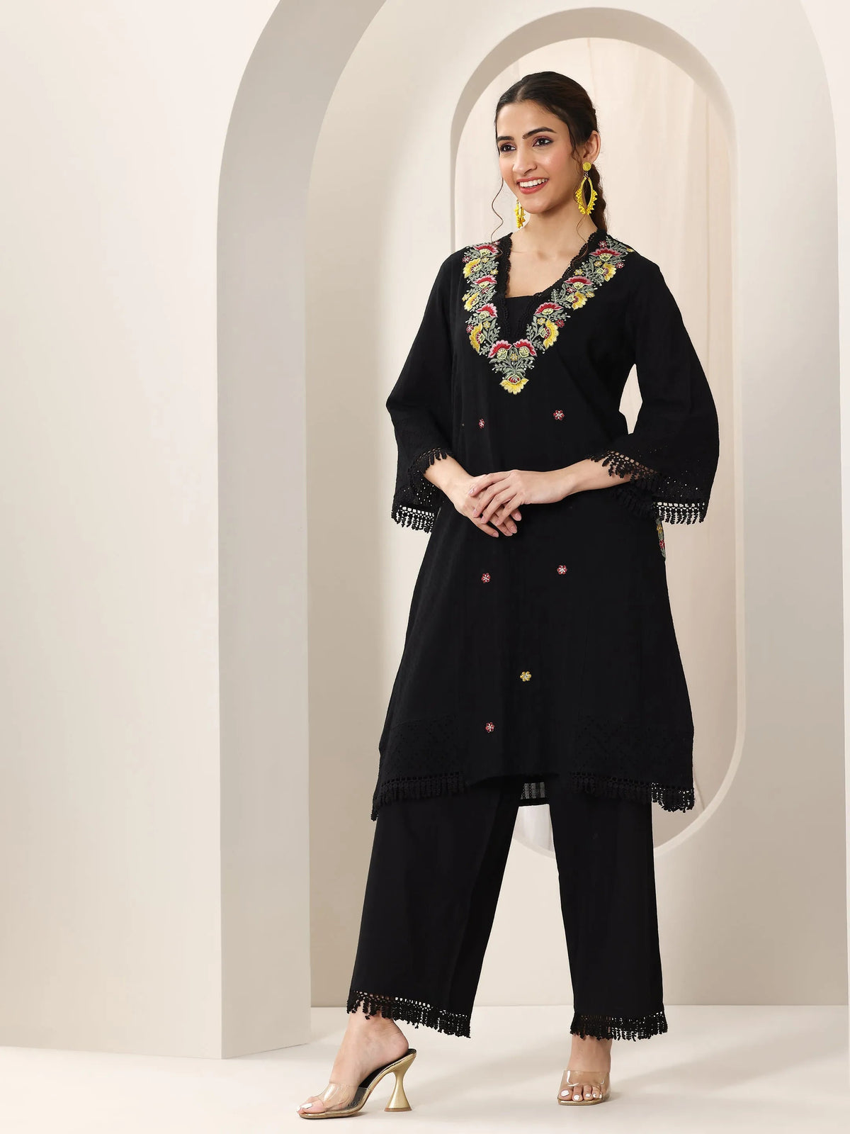 Libas Black Embroidered Cotton Straight Suit Set With Dupatta