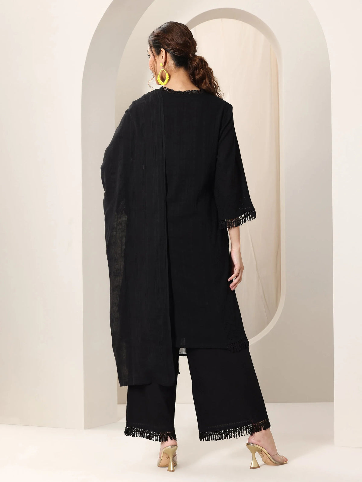 Libas Black Embroidered Cotton Straight Suit Set With Dupatta