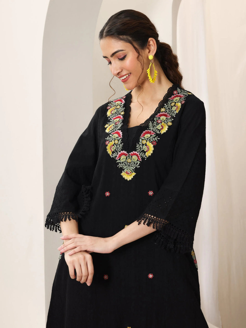 Libas Black Embroidered Cotton Straight Suit Set With Dupatta
