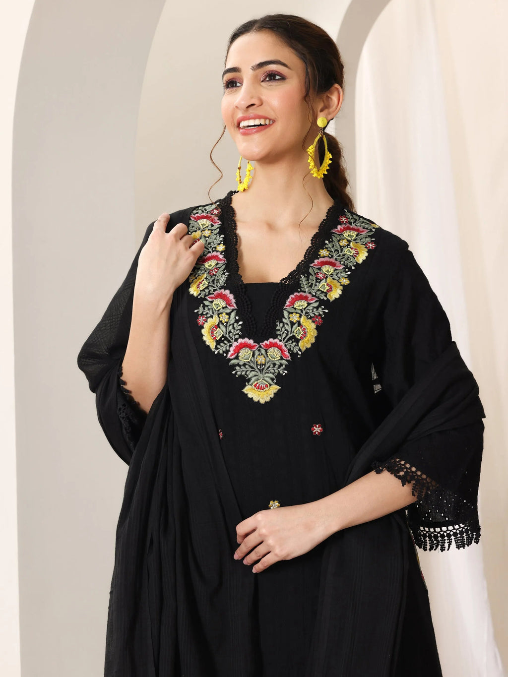 Libas Black Embroidered Cotton Straight Suit Set With Dupatta