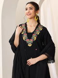 Libas Black Embroidered Cotton Straight Suit Set With Dupatta