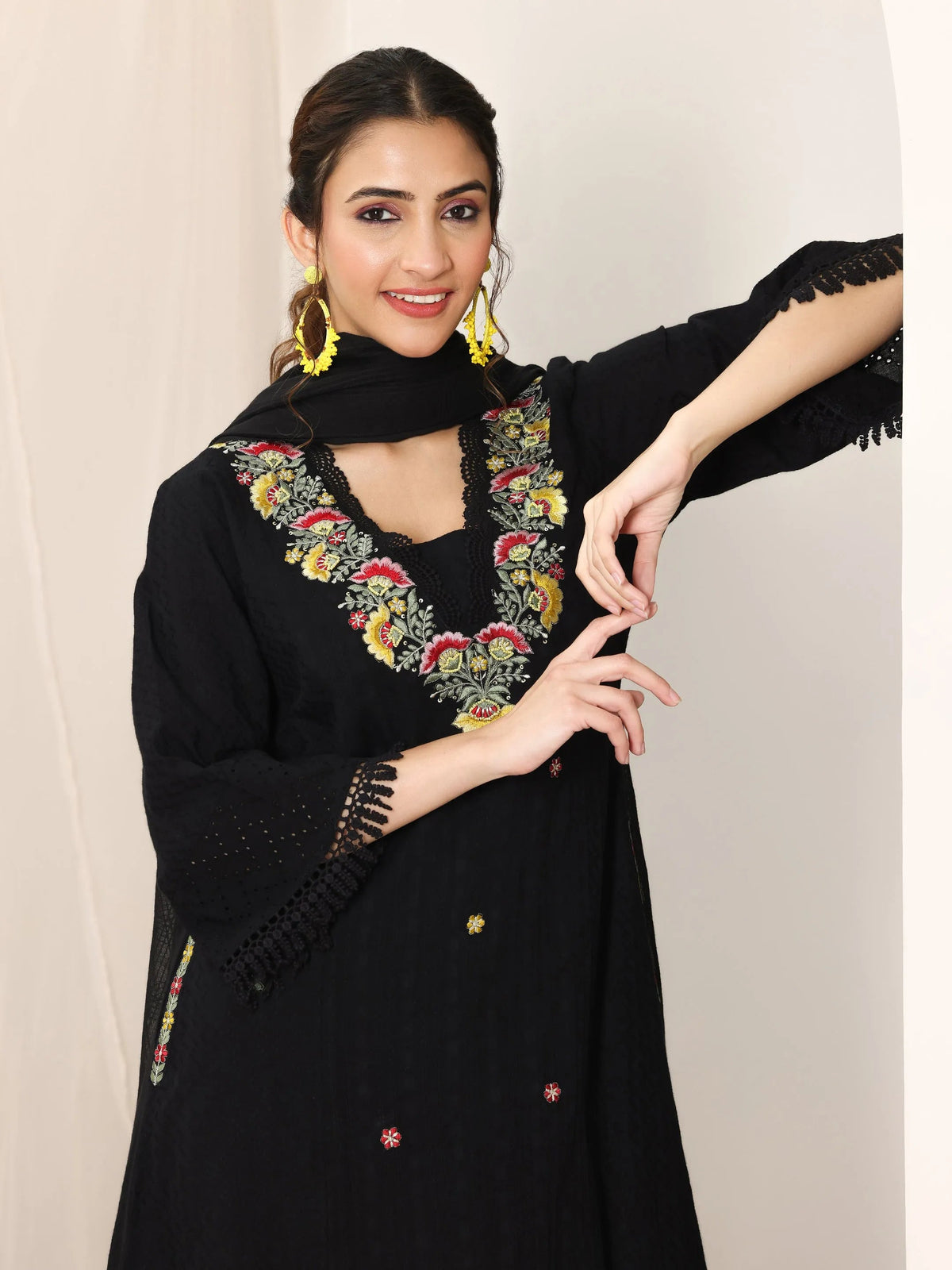 Libas Black Embroidered Cotton Straight Suit Set With Dupatta