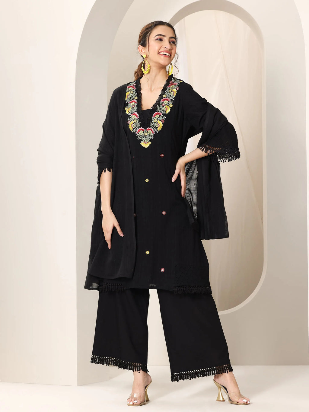 Libas Black Embroidered Cotton Straight Suit Set With Dupatta