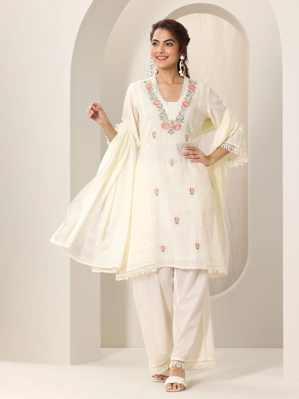 Libas Off White Embroidered Cotton Straight Suit Set With Dupatta