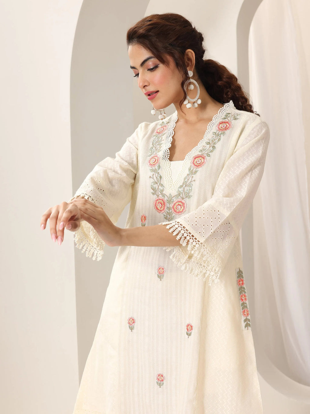 Libas Off White Embroidered Cotton Straight Suit Set With Dupatta