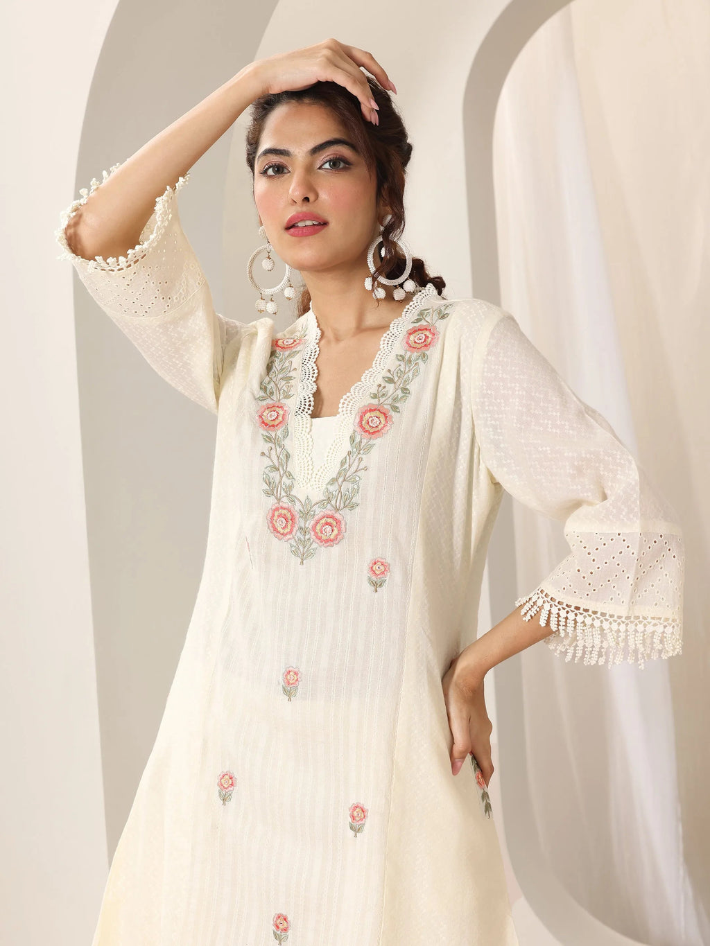 Libas Off White Embroidered Cotton Straight Suit Set With Dupatta