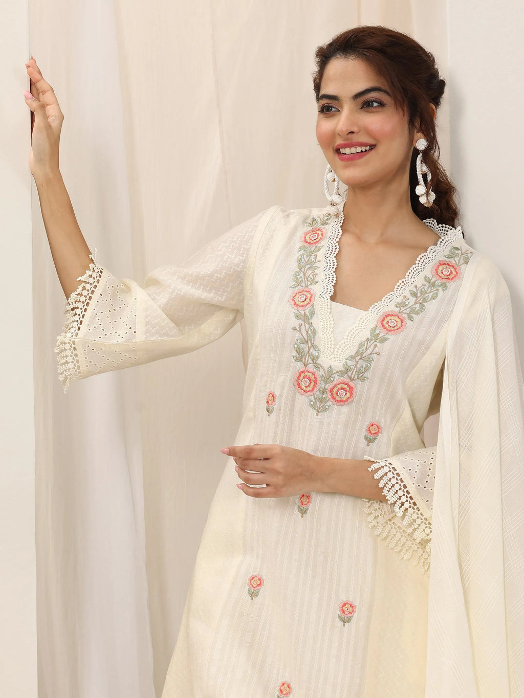 Libas Off White Embroidered Cotton Straight Suit Set With Dupatta