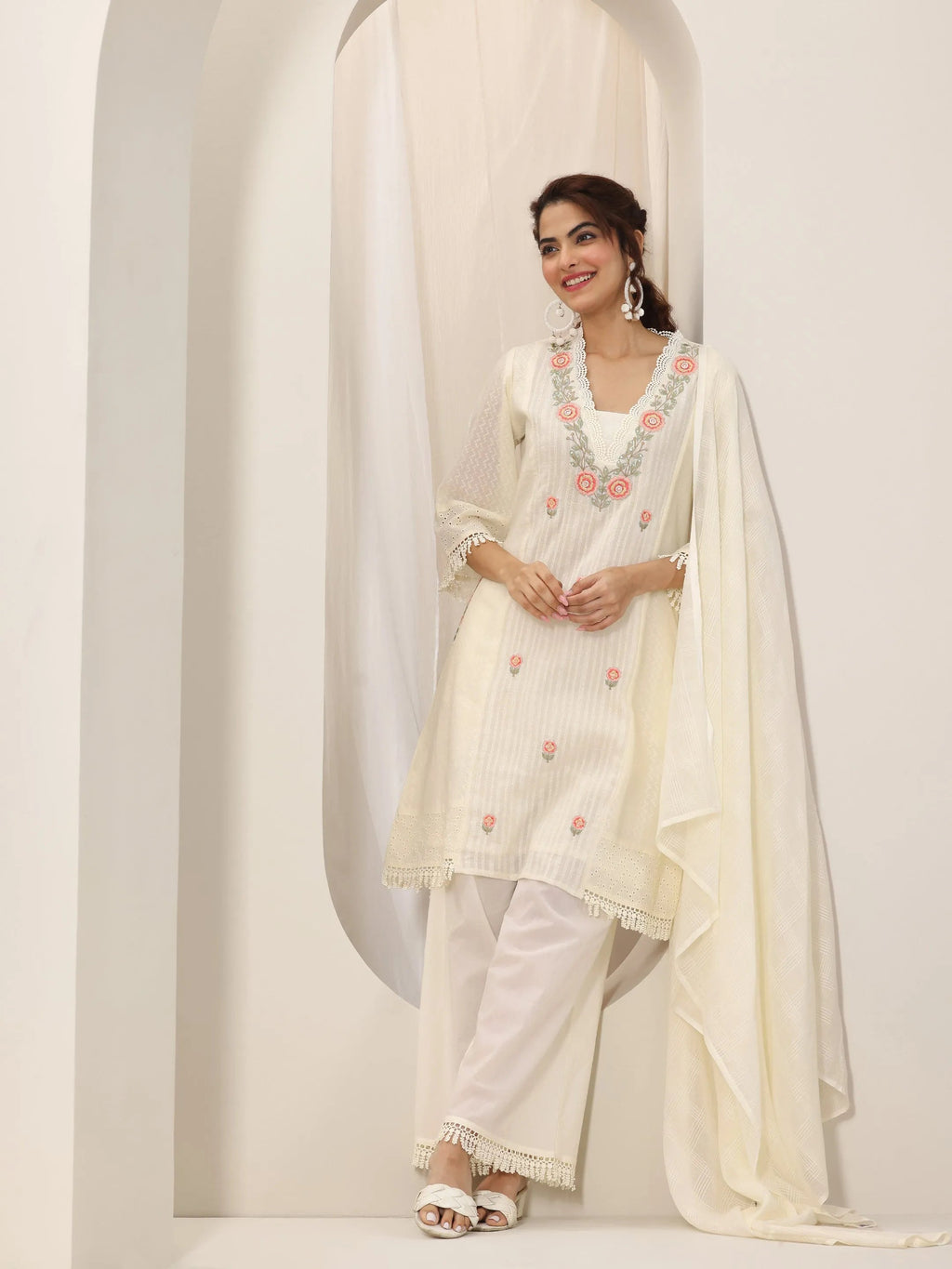 Libas Off White Embroidered Cotton Straight Suit Set With Dupatta