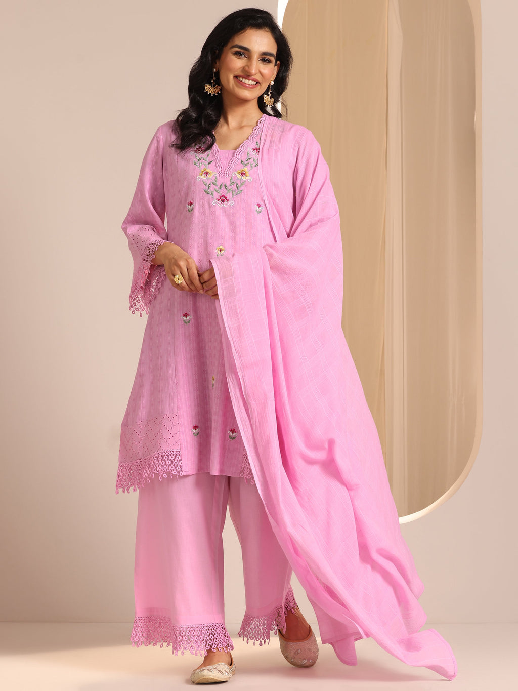 Libas Lavender Embroidered Cotton Straight Suit Set With Dupatta