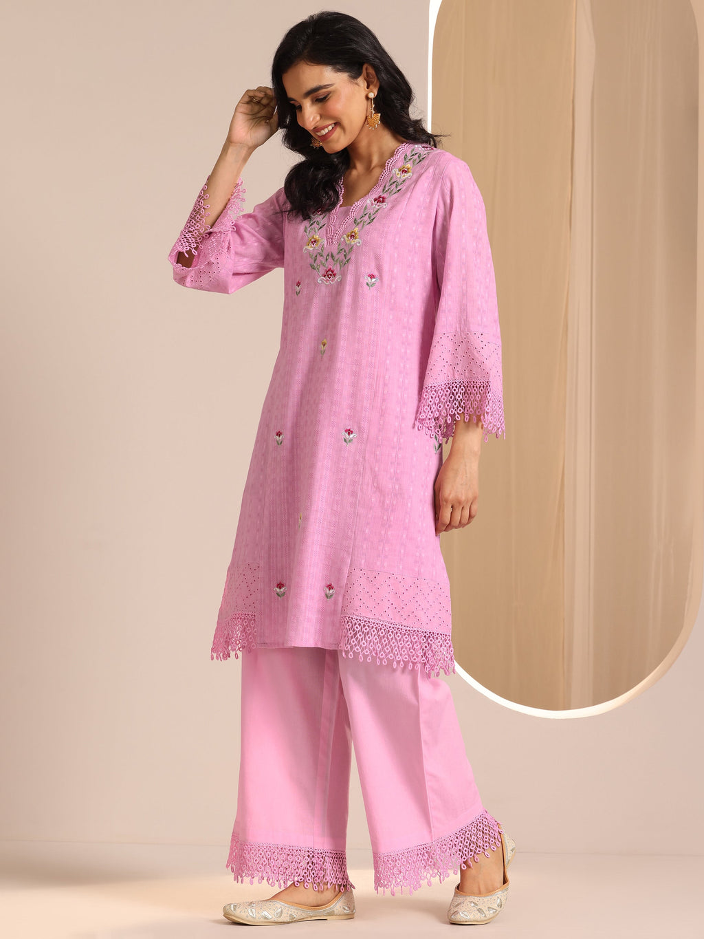 Libas Lavender Embroidered Cotton Straight Suit Set With Dupatta