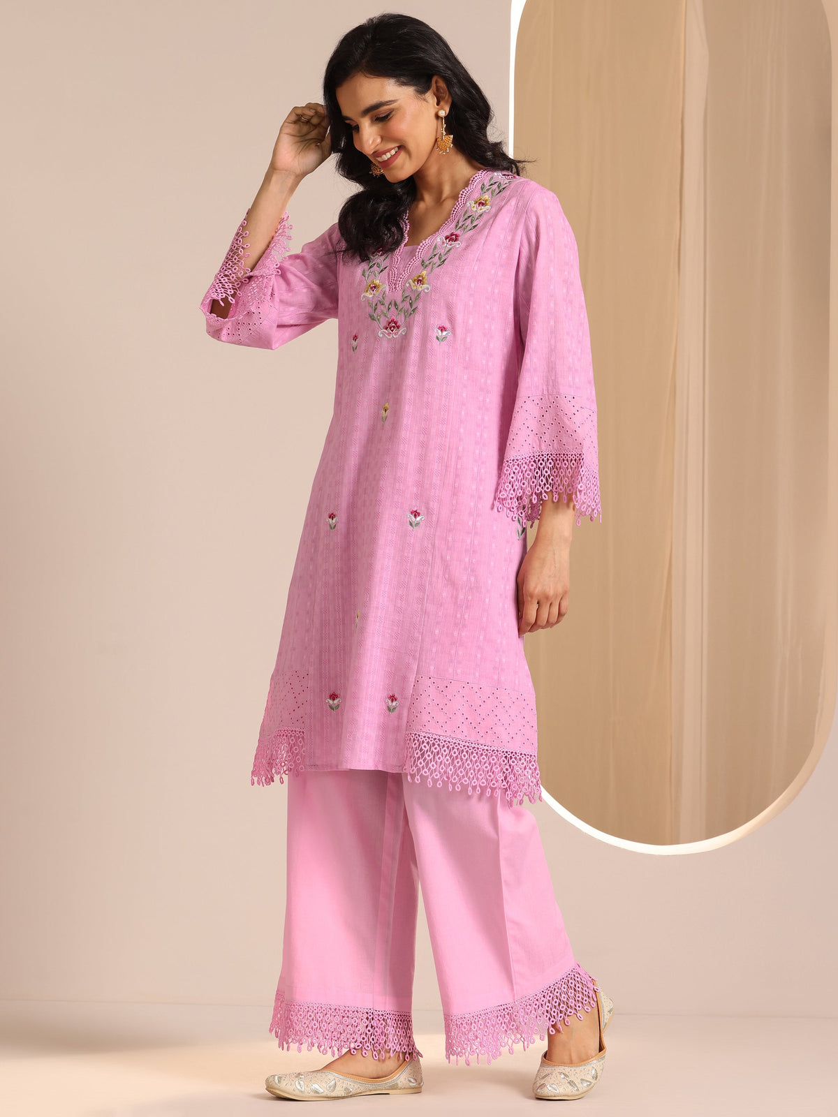 Libas Lavender Embroidered Cotton Straight Suit Set With Dupatta