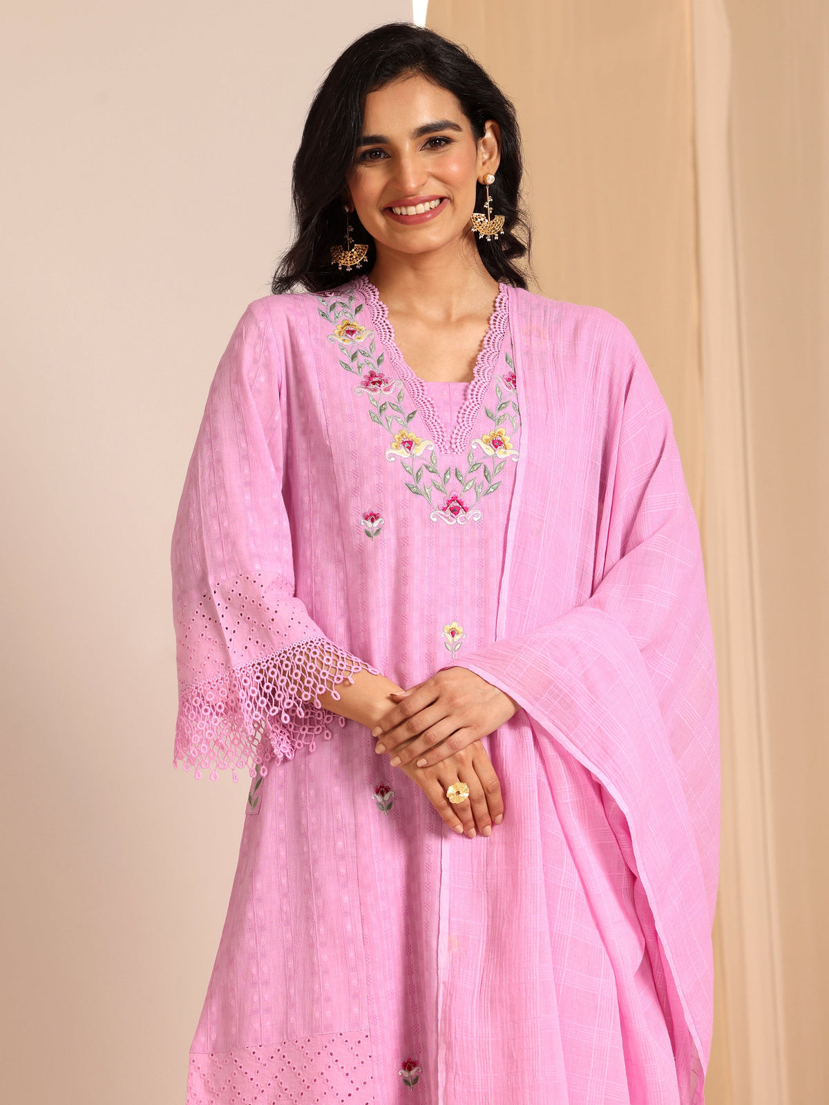 Libas Lavender Embroidered Cotton Straight Suit Set With Dupatta