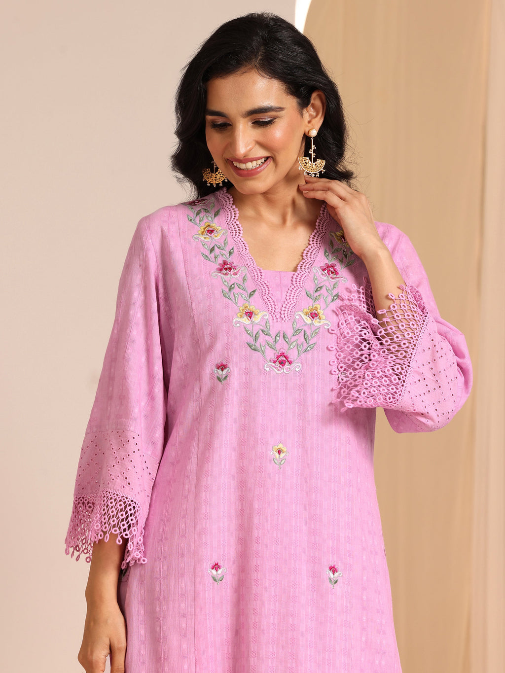 Libas Lavender Embroidered Cotton Straight Suit Set With Dupatta
