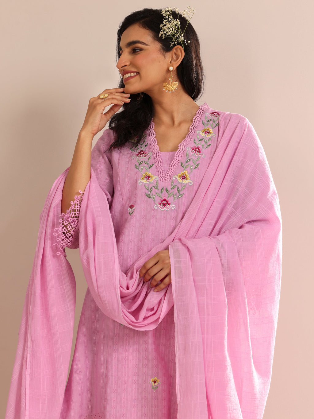 Libas Lavender Embroidered Cotton Straight Suit Set With Dupatta