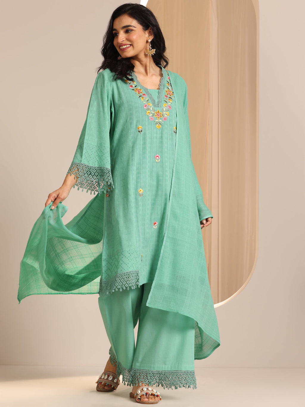 Libas Green Embroidered Cotton Straight Suit Set With Dupatta