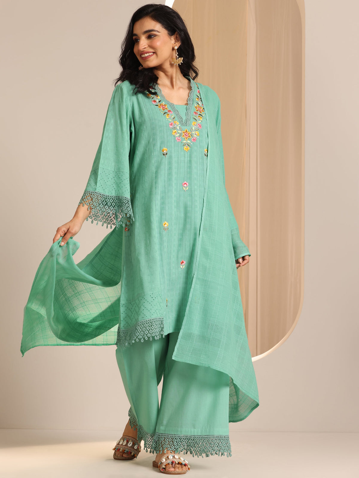 Libas Green Embroidered Cotton Straight Suit Set With Dupatta