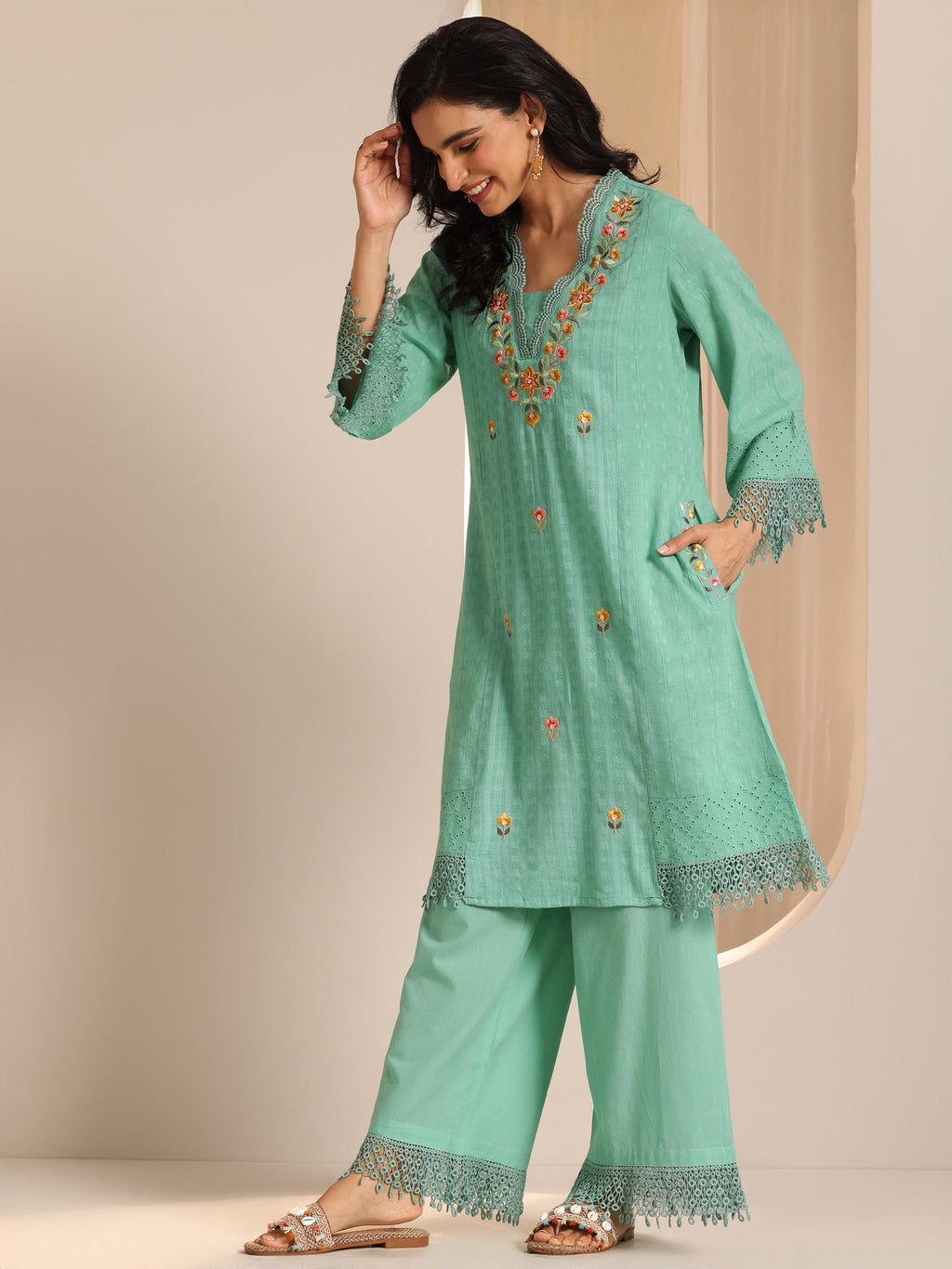 Libas Green Embroidered Cotton Straight Suit Set With Dupatta