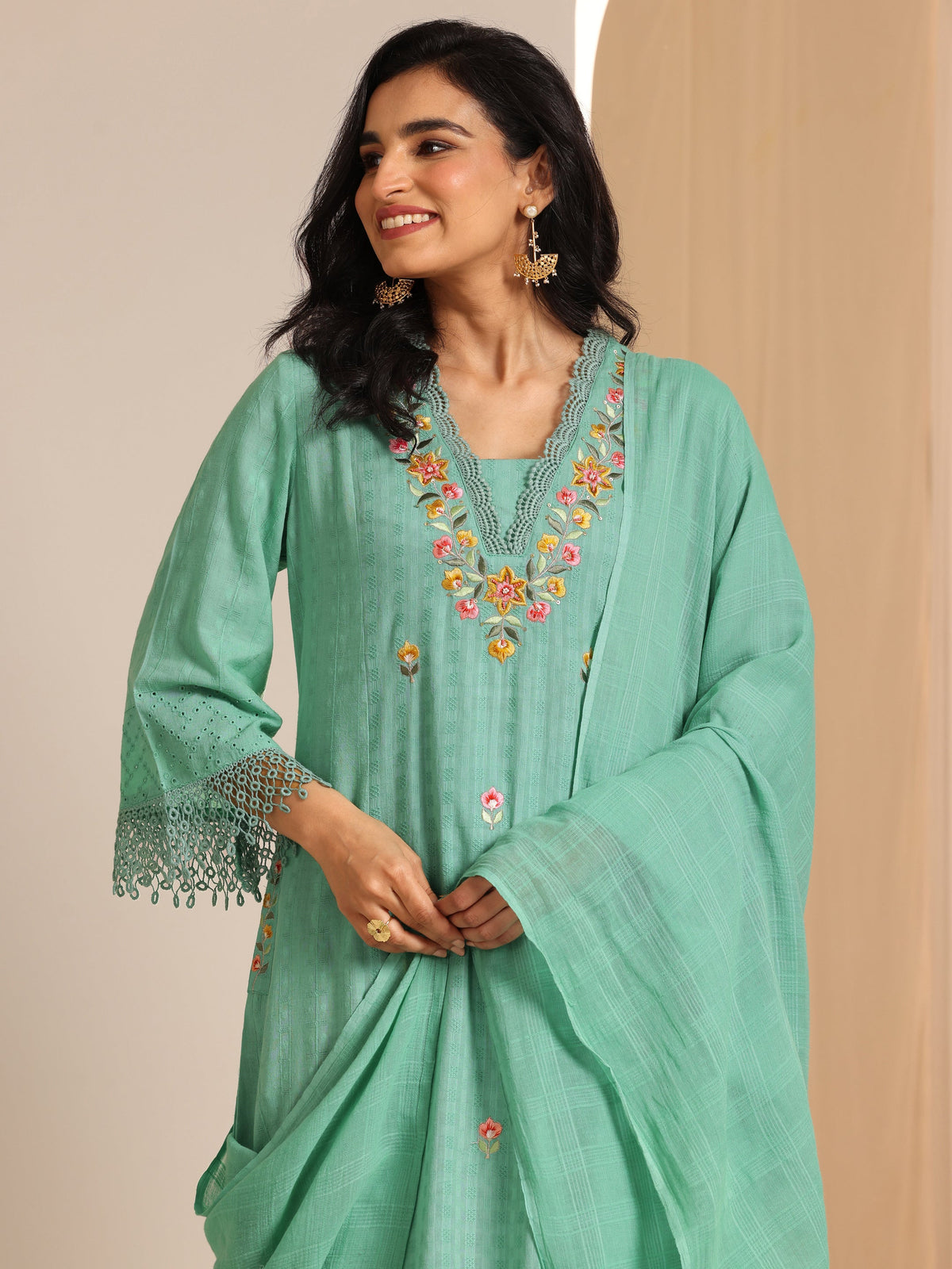 Libas Green Embroidered Cotton Straight Suit Set With Dupatta