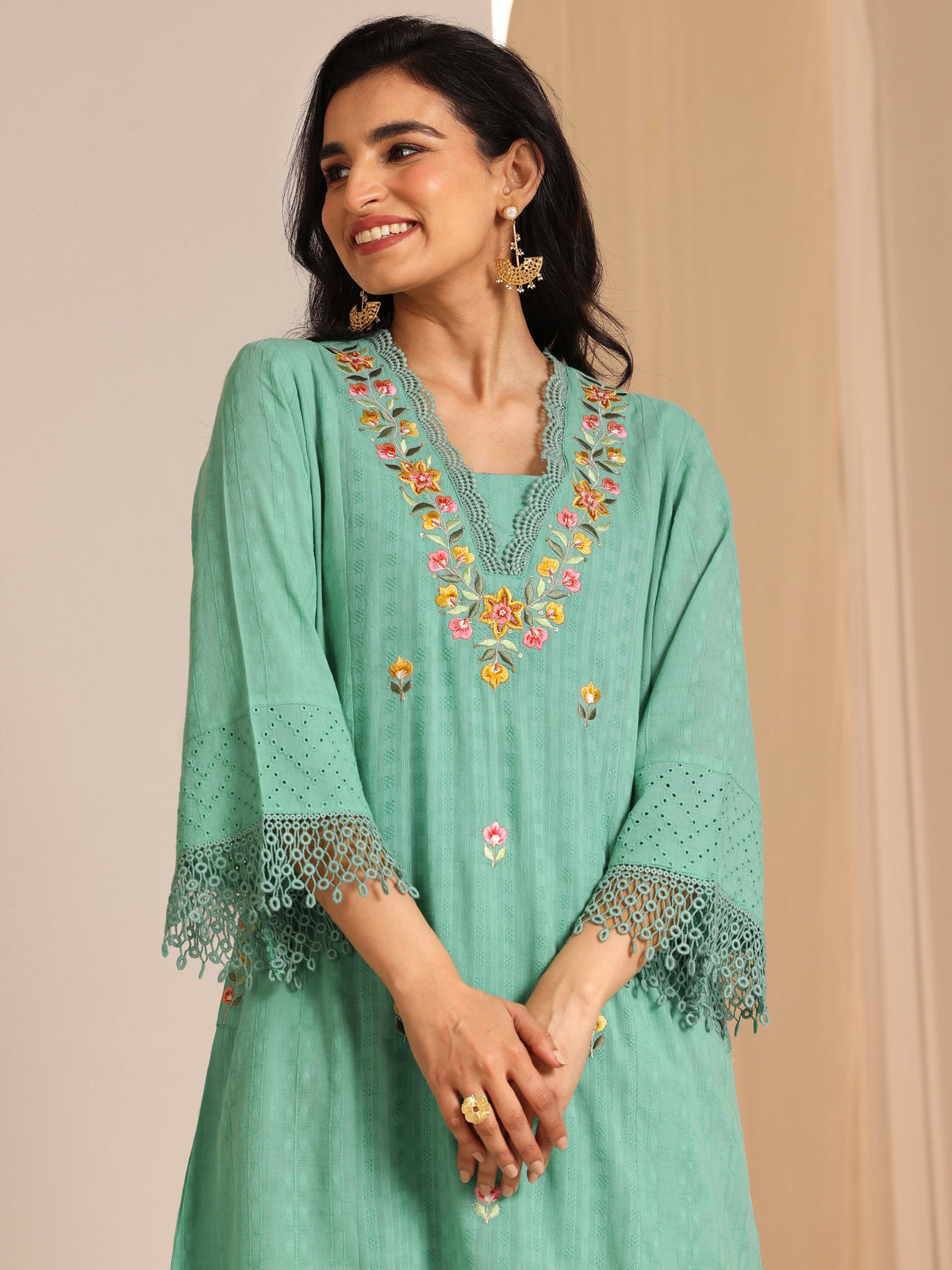Libas Green Embroidered Cotton Straight Suit Set With Dupatta