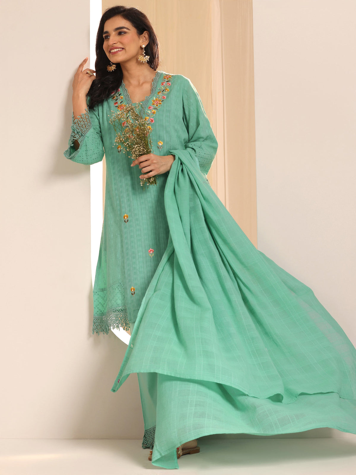 Libas Green Embroidered Cotton Straight Suit Set With Dupatta