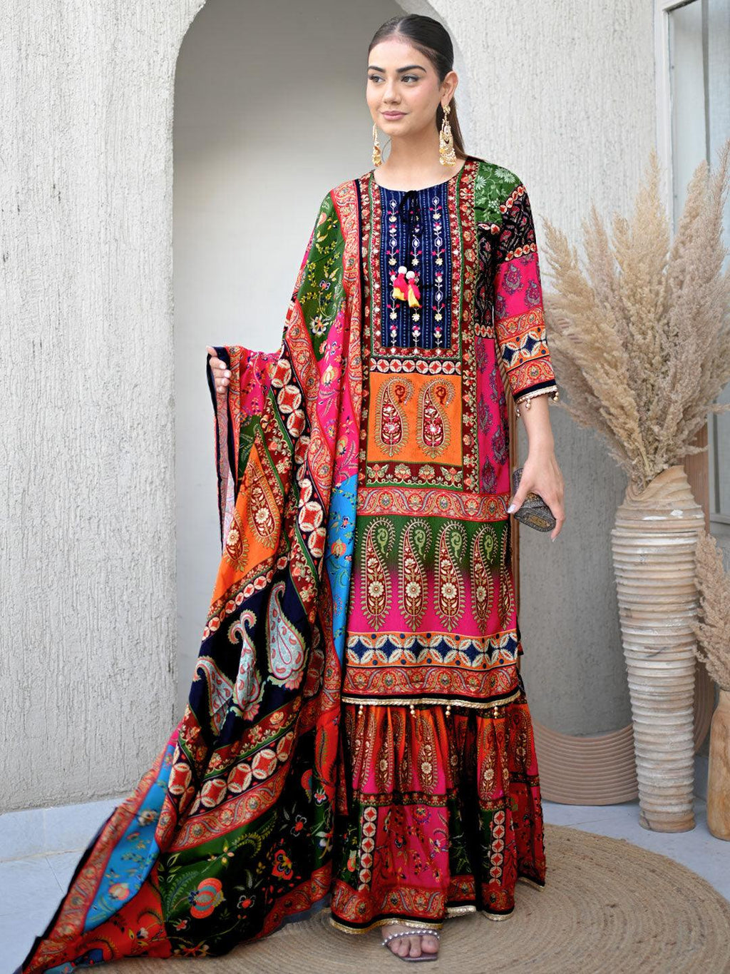 Libas Multi Printed Chinon Straight Sharara Suit Set With Dupatta