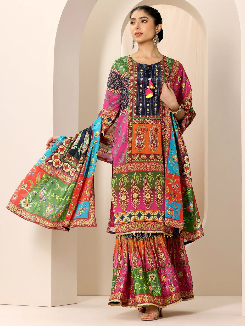Libas Multi Printed Chinon Straight Sharara Suit Set With Dupatta