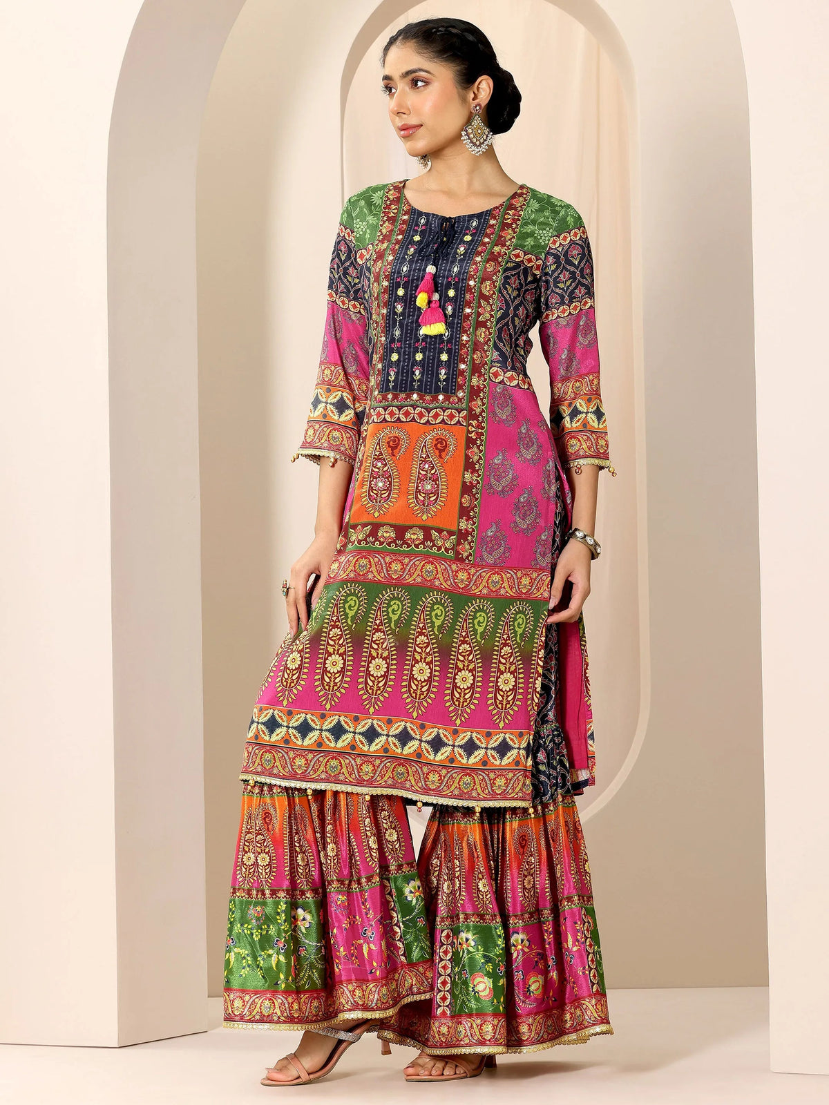 Libas Multi Printed Chinon Straight Sharara Suit Set With Dupatta