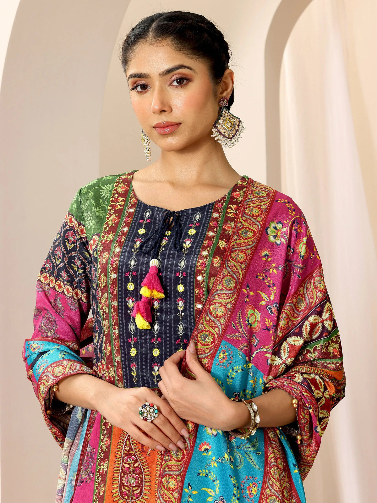 Libas Multi Printed Chinon Straight Sharara Suit Set With Dupatta